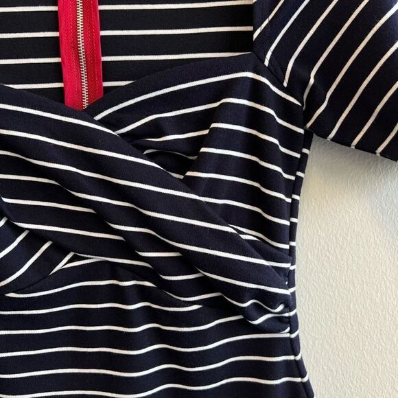 MISS SIXTY Navy White Striped Stretch A-line Midi Dress Women’s Size 4 - Picture 5 of 11